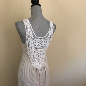 🦋 Crochet Back Maxi Dress Beige White Stripe